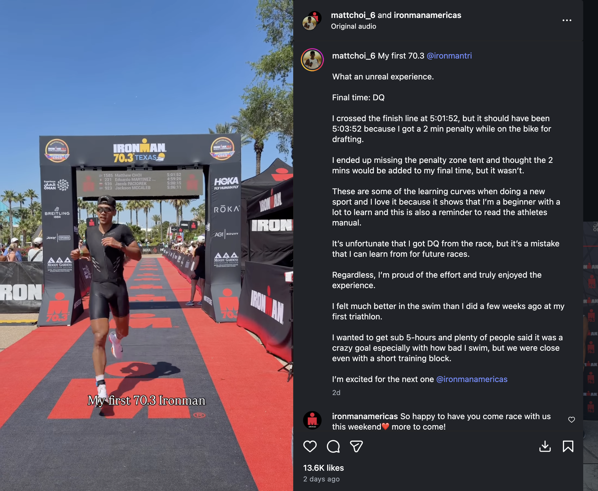 Matt Choi Instagram Reel admitting DQ at Ironman 70.3 Texas